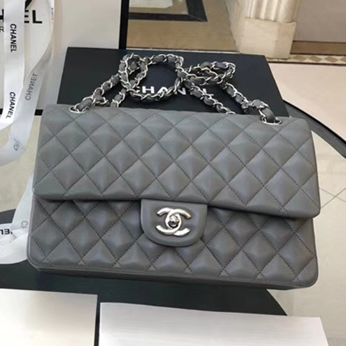 Chanel Lambskin Medium Classic Flap Bag A01112 Silver-Tone Metal Grey