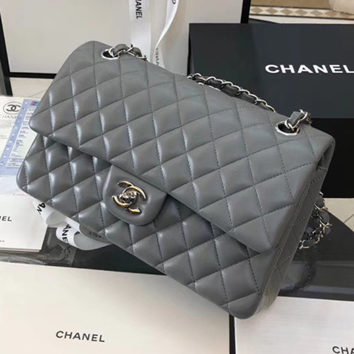 Chanel Lambskin Medium Classic Flap Bag A01112 Silver-Tone Metal Grey