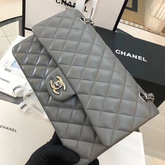 Chanel Lambskin Medium Classic Flap Bag A01112 Silver-Tone Metal Grey