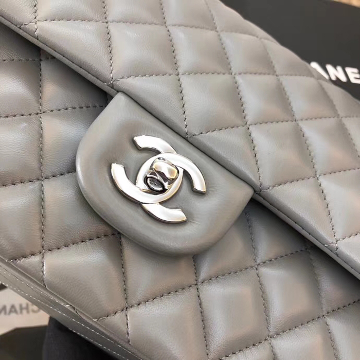 Chanel Lambskin Medium Classic Flap Bag A01112 Silver-Tone Metal Grey