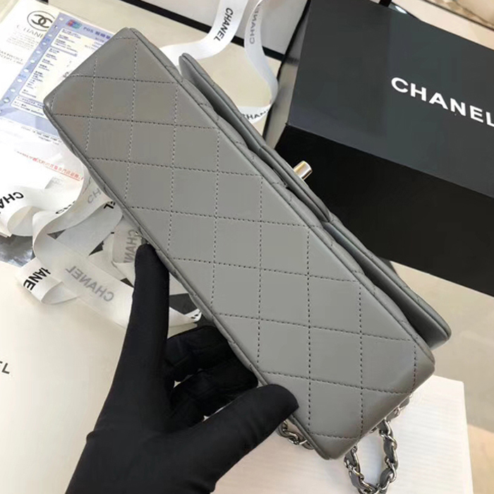 Chanel Lambskin Medium Classic Flap Bag A01112 Silver-Tone Metal Grey