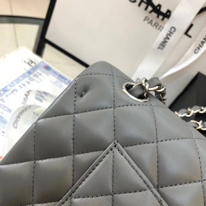 Chanel Lambskin Medium Classic Flap Bag A01112 Silver-Tone Metal Grey