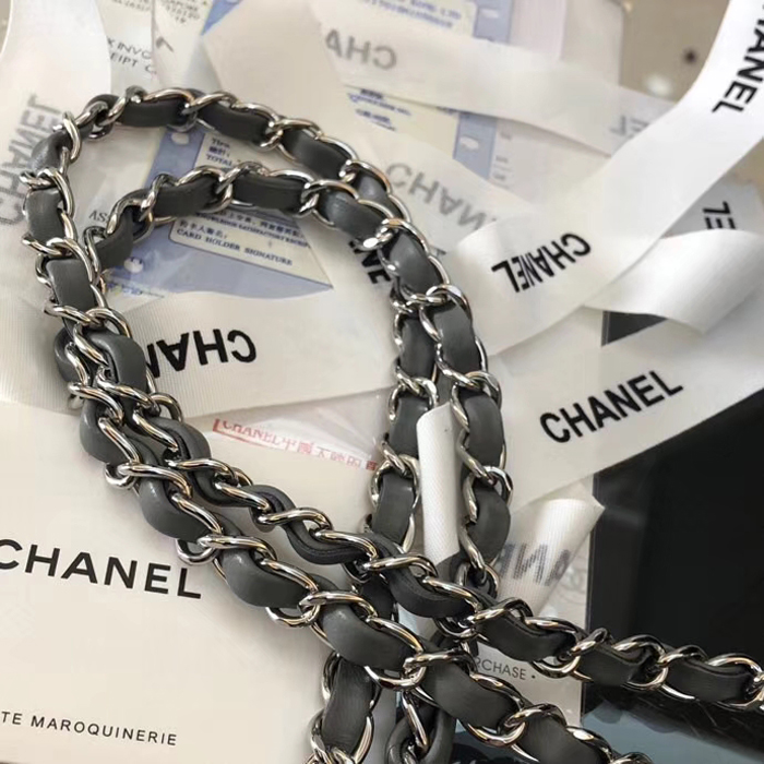 Chanel Lambskin Medium Classic Flap Bag A01112 Silver-Tone Metal Grey