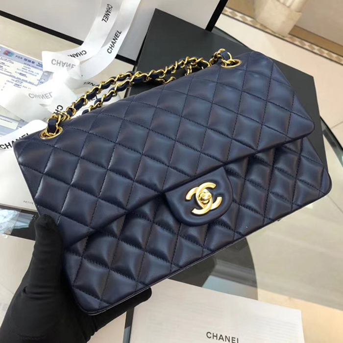 Chanel Lambskin Medium Classic Flap Bag A01112 Gold-Tone Metal Navy Blue