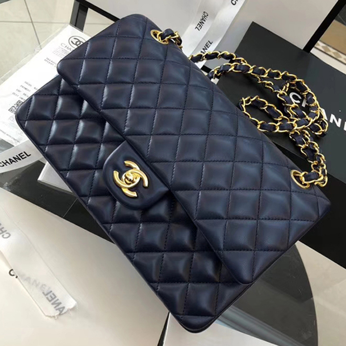 Chanel Lambskin Medium Classic Flap Bag A01112 Gold-Tone Metal Navy Blue