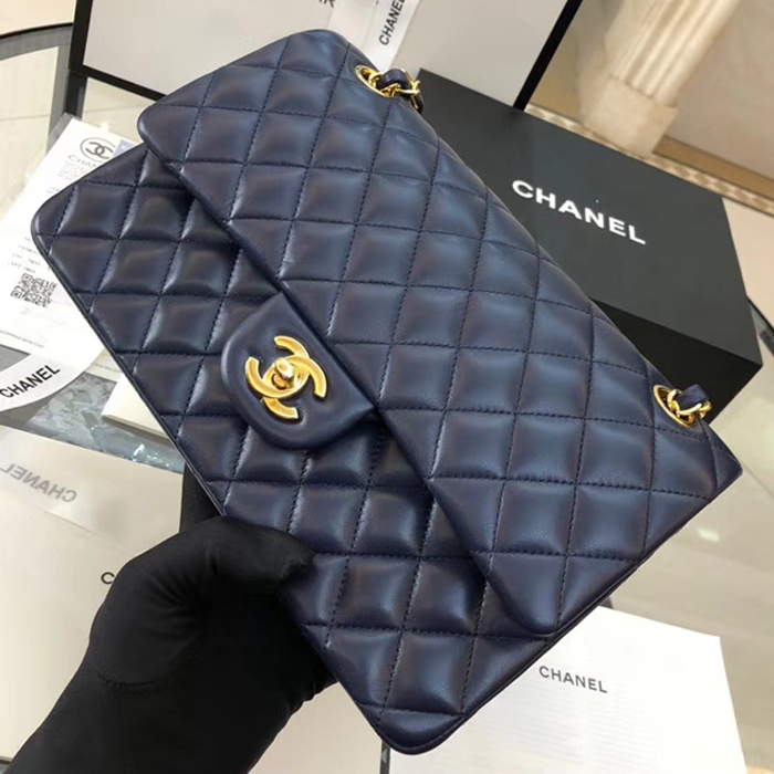 Chanel Lambskin Medium Classic Flap Bag A01112 Gold-Tone Metal Navy Blue