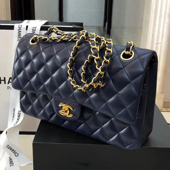 Chanel Lambskin Medium Classic Flap Bag A01112 Gold-Tone Metal Navy Blue