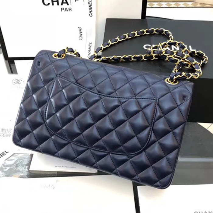 Chanel Lambskin Medium Classic Flap Bag A01112 Gold-Tone Metal Navy Blue