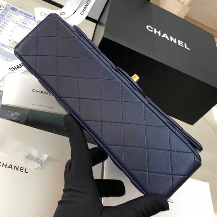 Chanel Lambskin Medium Classic Flap Bag A01112 Gold-Tone Metal Navy Blue