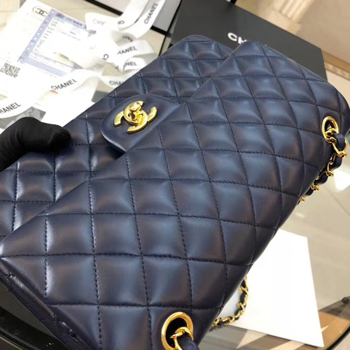 Chanel Lambskin Medium Classic Flap Bag A01112 Gold-Tone Metal Navy Blue
