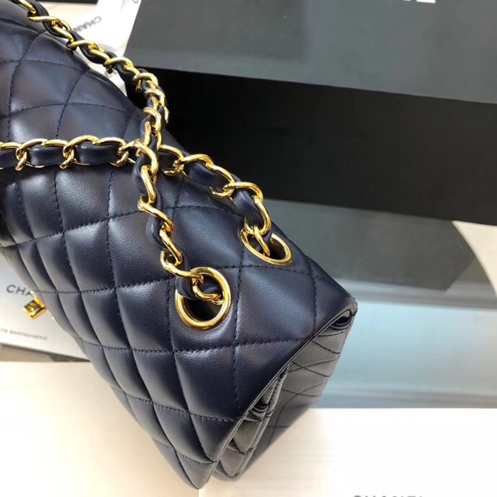 Chanel Lambskin Medium Classic Flap Bag A01112 Gold-Tone Metal Navy Blue