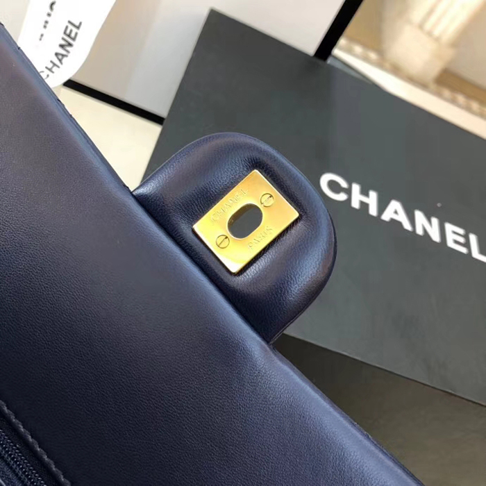 Chanel Lambskin Medium Classic Flap Bag A01112 Gold-Tone Metal Navy Blue