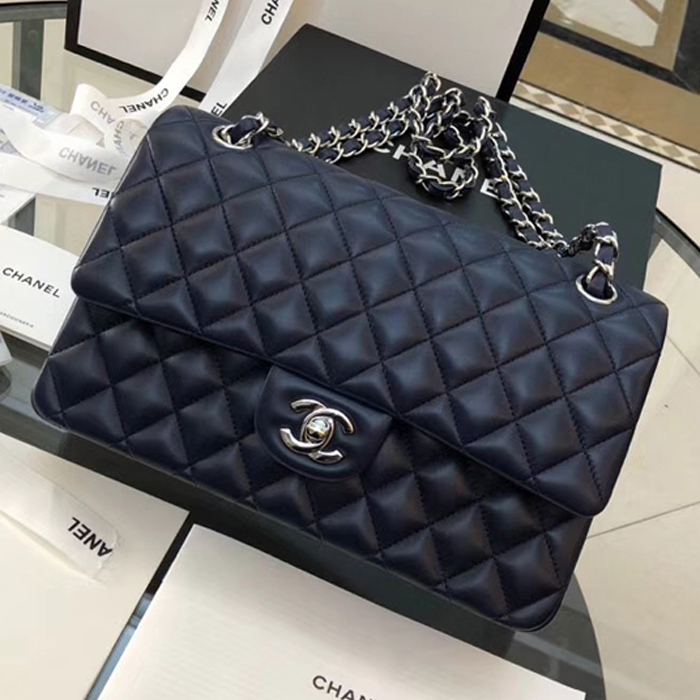 Chanel Lambskin Medium Classic Flap Bag A01112 Silver-Tone Metal Navy Blue