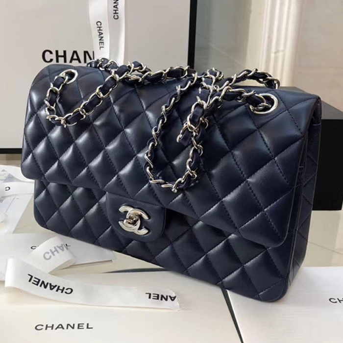 Chanel Lambskin Medium Classic Flap Bag A01112 Silver-Tone Metal Navy Blue