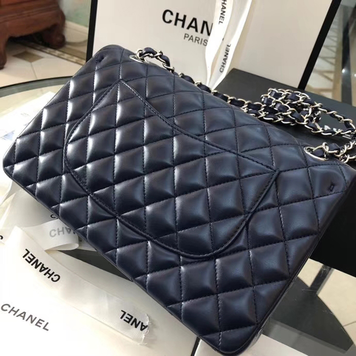 Chanel Lambskin Medium Classic Flap Bag A01112 Silver-Tone Metal Navy Blue
