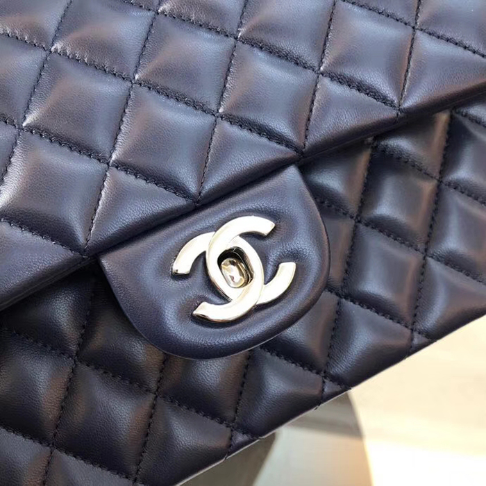 Chanel Lambskin Medium Classic Flap Bag A01112 Silver-Tone Metal Navy Blue