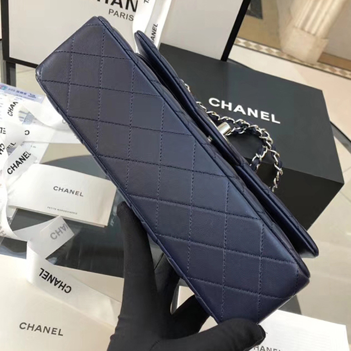 Chanel Lambskin Medium Classic Flap Bag A01112 Silver-Tone Metal Navy Blue