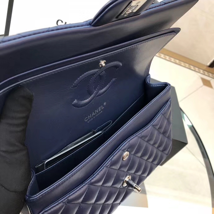 Chanel Lambskin Medium Classic Flap Bag A01112 Silver-Tone Metal Navy Blue