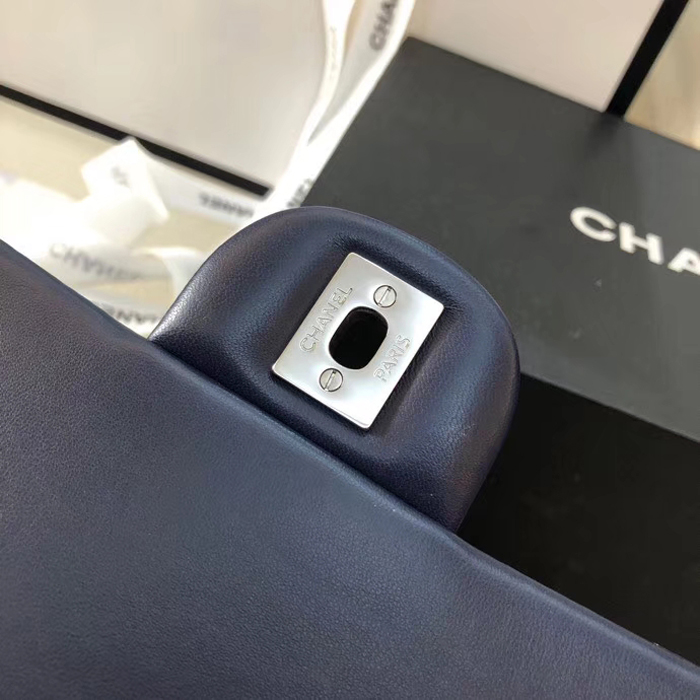 Chanel Lambskin Medium Classic Flap Bag A01112 Silver-Tone Metal Navy Blue