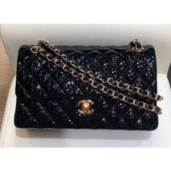 Chanel Classic Flap Medium Bag Black in Patent Leather with Gold Hardware