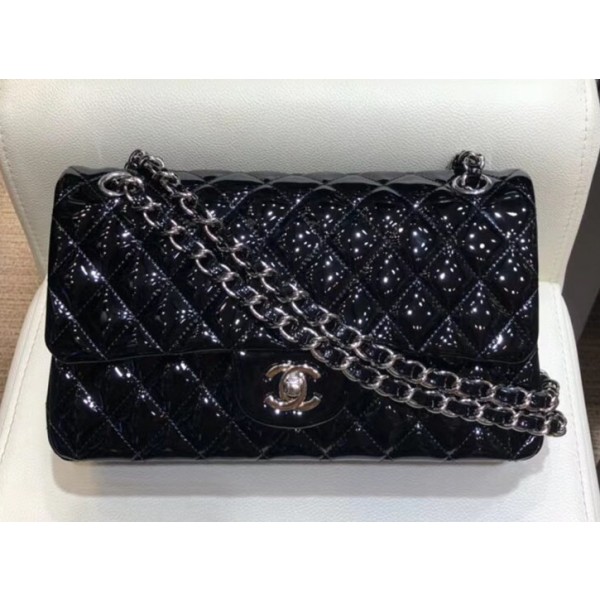 Chanel Classic Flap Medium Bag Black in Patent Leather with Silver Hardware