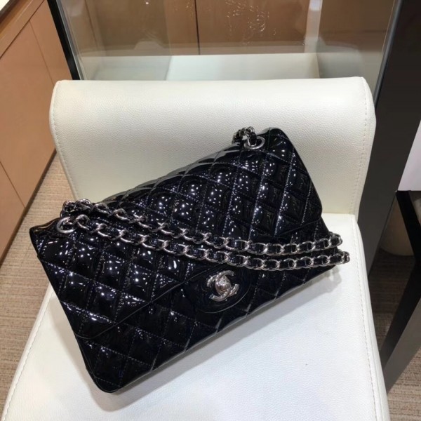 Chanel Classic Flap Medium Bag Black in Patent Leather with Silver Hardware