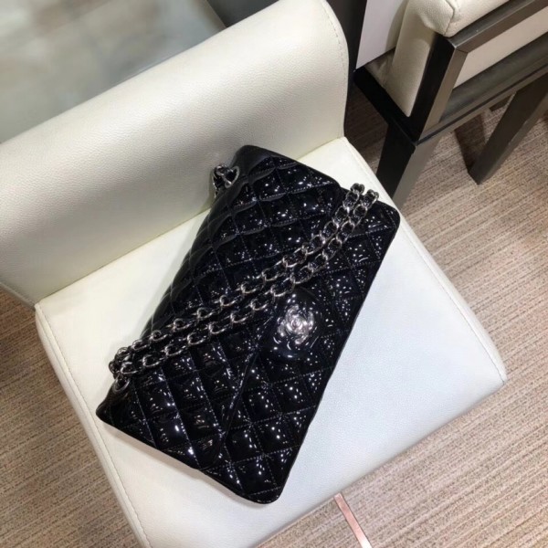Chanel Classic Flap Medium Bag Black in Patent Leather with Silver Hardware