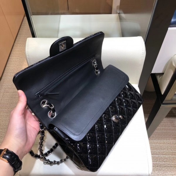 Chanel Classic Flap Medium Bag Black in Patent Leather with Silver Hardware