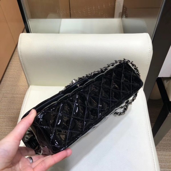 Chanel Classic Flap Medium Bag Black in Patent Leather with Silver Hardware
