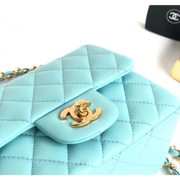 Chanel Lambskin Mini Classic Flap Bag A01115 Light Blue With Gold Hardware
