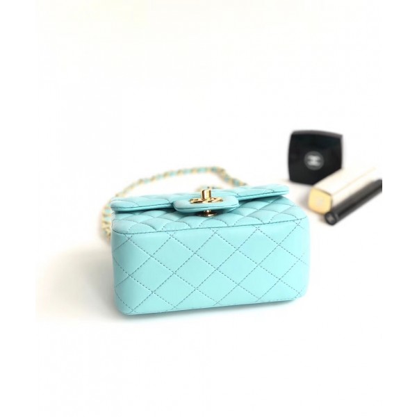 Chanel Lambskin Mini Classic Flap Bag A01115 Light Blue With Gold Hardware