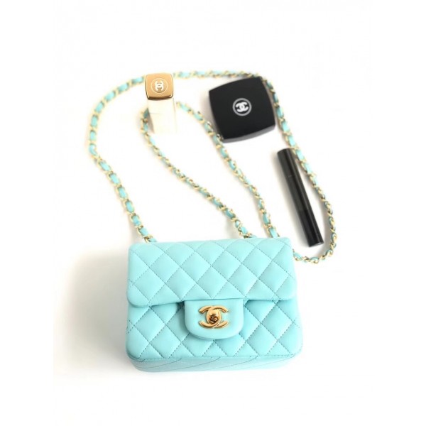 Chanel Lambskin Mini Classic Flap Bag A01115 Light Blue With Gold Hardware