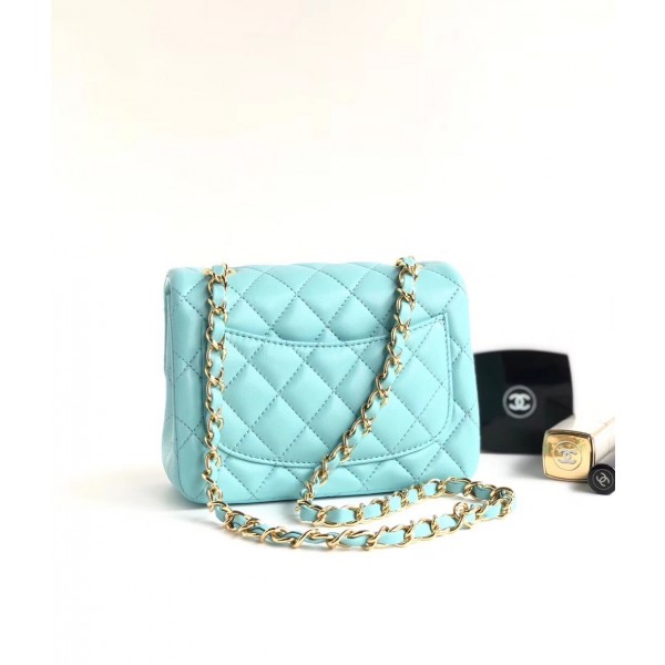 Chanel Lambskin Mini Classic Flap Bag A01115 Light Blue With Gold Hardware