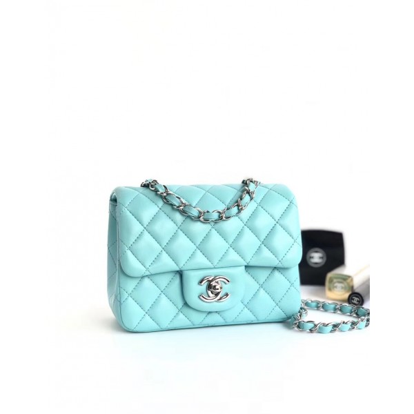 Chanel Lambskin Mini Classic Flap Bag A01115 Light Blue With Silver Hardware