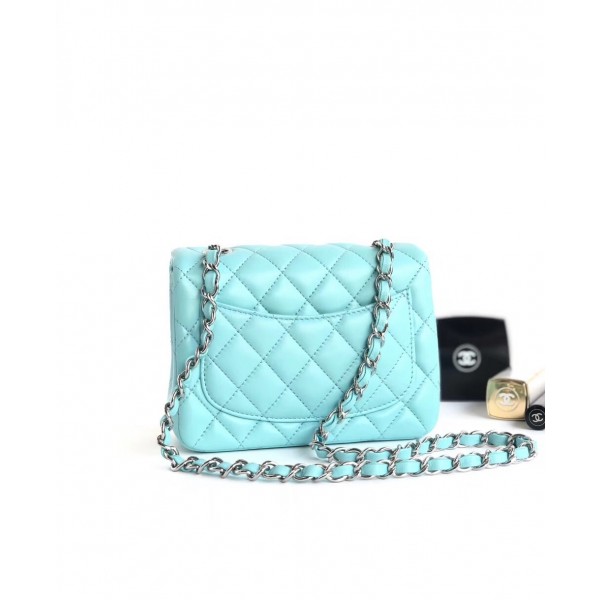 Chanel Lambskin Mini Classic Flap Bag A01115 Light Blue With Silver Hardware