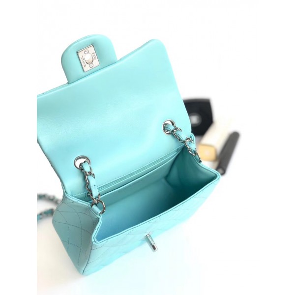 Chanel Lambskin Mini Classic Flap Bag A01115 Light Blue With Silver Hardware