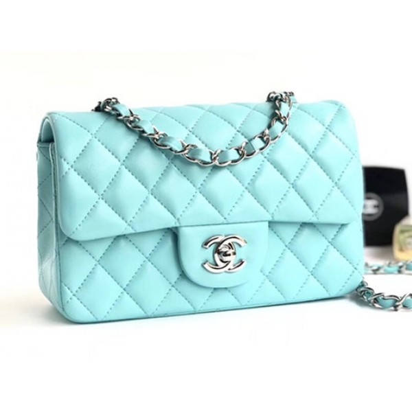 Chanel Lambskin Classic Flap Bag A01116 Light Blue With Silver Hardware