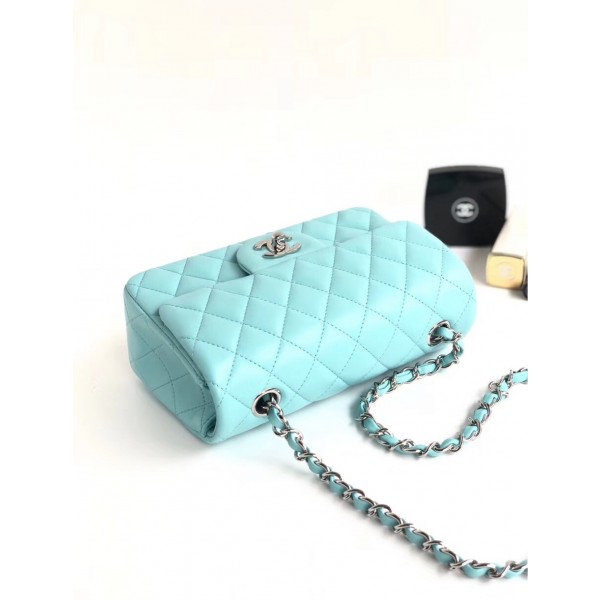 Chanel Lambskin Classic Flap Bag A01116 Light Blue With Silver Hardware