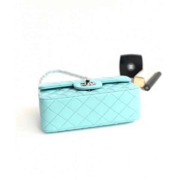 Chanel Lambskin Classic Flap Bag A01116 Light Blue With Silver Hardware