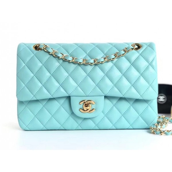 Chanel Lambskin Medium Classic Flap Bag A01112 Light Blue With Gold Hardware