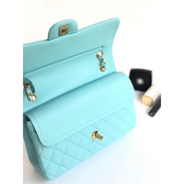 Chanel Lambskin Medium Classic Flap Bag A01112 Light Blue With Gold Hardware