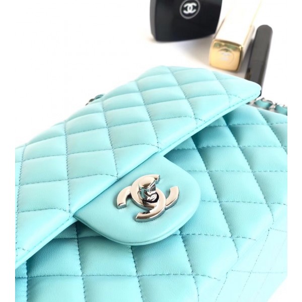 Chanel Lambskin Medium Classic Flap Bag A01112 Light Blue With Silver Hardware