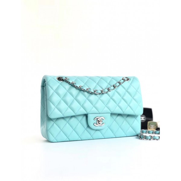 Chanel Lambskin Medium Classic Flap Bag A01112 Light Blue With Silver Hardware