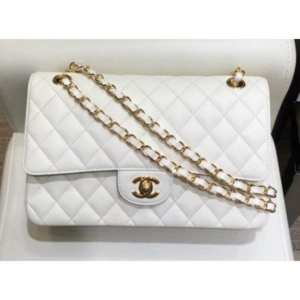 Chanel Grained Caflskin Medium Classic Flap Bag A01112 White With Gold Hardware