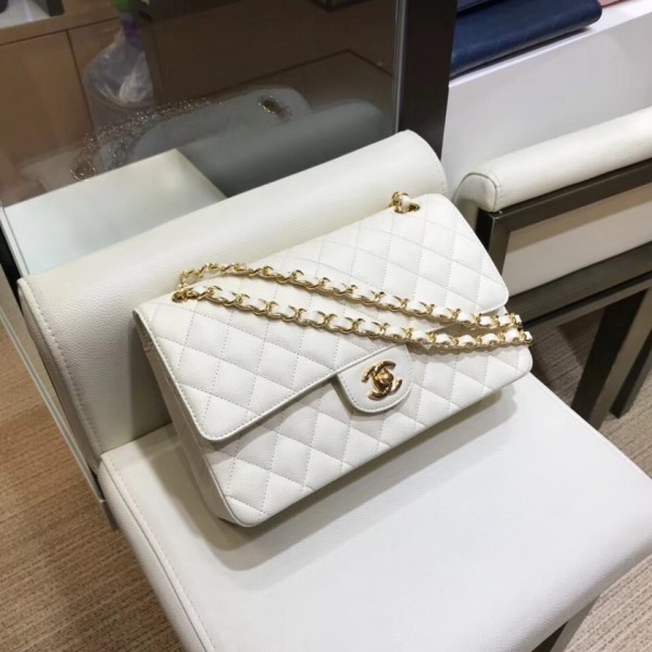 Chanel Grained Caflskin Medium Classic Flap Bag A01112 White With Gold Hardware