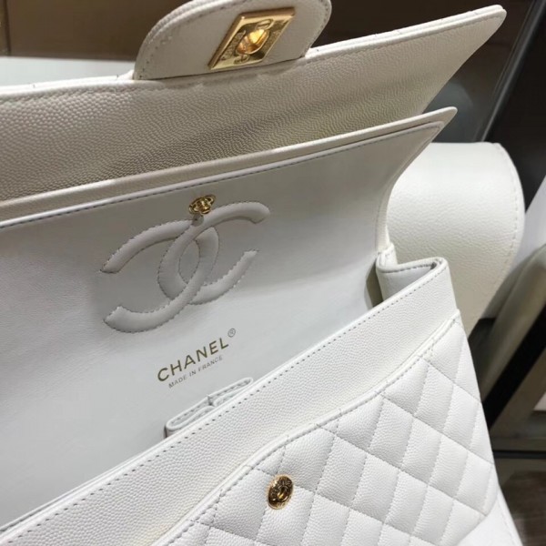 Chanel Grained Caflskin Medium Classic Flap Bag A01112 White With Gold Hardware