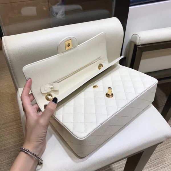 Chanel Grained Caflskin Medium Classic Flap Bag A01112 White With Gold Hardware