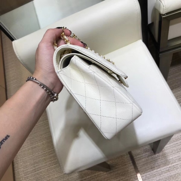 Chanel Grained Caflskin Medium Classic Flap Bag A01112 White With Gold Hardware