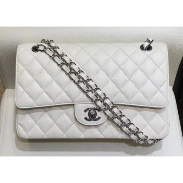 Chanel Grained Caflskin Medium Classic Flap Bag A01112 White With Silver Hardware