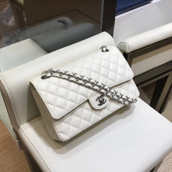 Chanel Grained Caflskin Medium Classic Flap Bag A01112 White With Silver Hardware